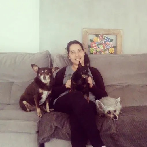 Tia Reh no sofá com três chihuahuas